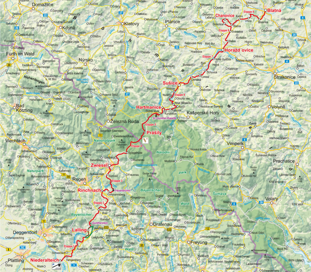 Karte mit der Strecke von Niederalteich nach Blatná